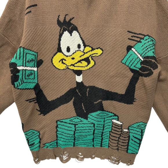 Empty Reference Daffy Duck Cashmere Blend Distressed Sweater Men's Sz L Brown - Picture 5 of 7